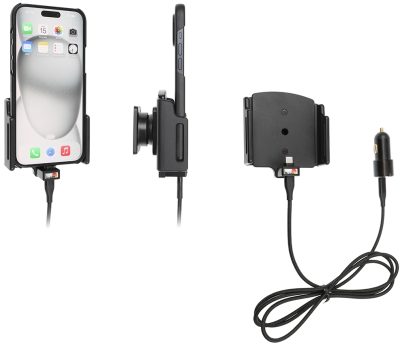 Brodit Aktivhalterung mit USB-Kabel und Zigarettenanzünder-Adapter, Apple iPhone 15 Plus/15 Pro Max/16 Plus/16 Pro Max