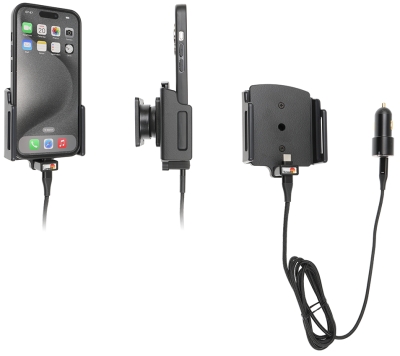 Brodit Aktivhalterung mit USB-Kabel und Zigarettenanzünder-Adapter, Apple iPhone 15/15 Pro/16/16 Pro/16e