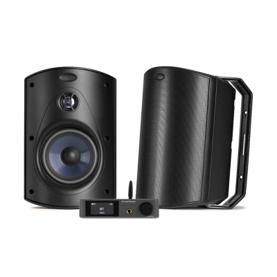 Dynavoice CA802BT und Polk Audio Atrium 6 schwarze Außenlautsprecher, Stereo-Paket