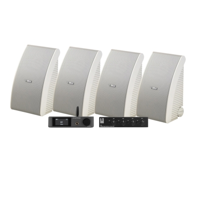 4er-Pack Yamaha NS-AW592 in Weiß mit Dynavoice CA802BT und SC4B, Outdoor-Paket