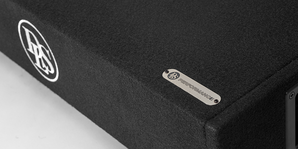 Nahaufnahme des DLS-Logos und Metallschilds auf Subwoofer-Box.