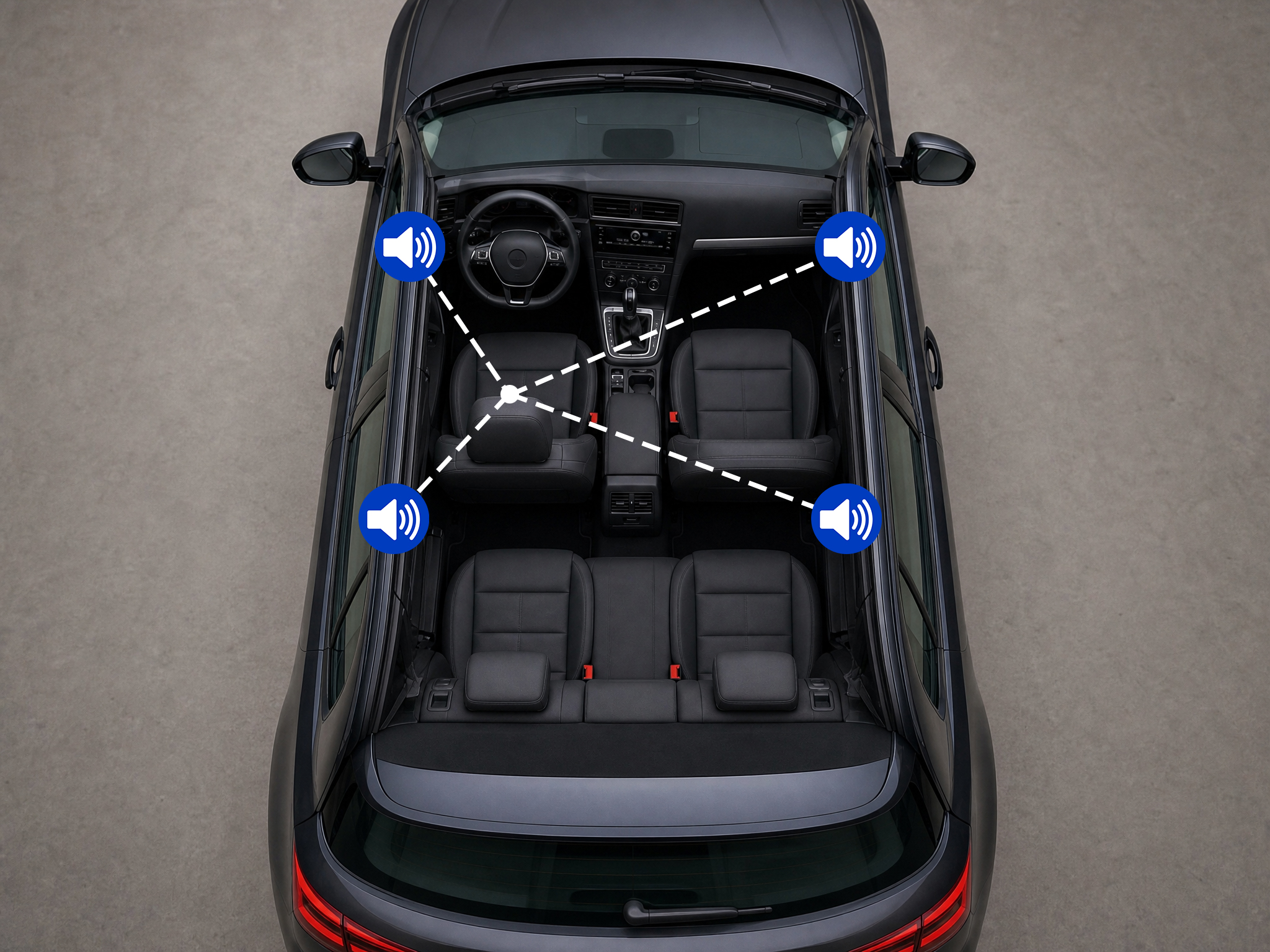 Draufsicht auf ein Auto mit den Lautsprecherpositionen in den Türen und gestrichelten Linien zur Hörposition auf dem Fahrerplatz.