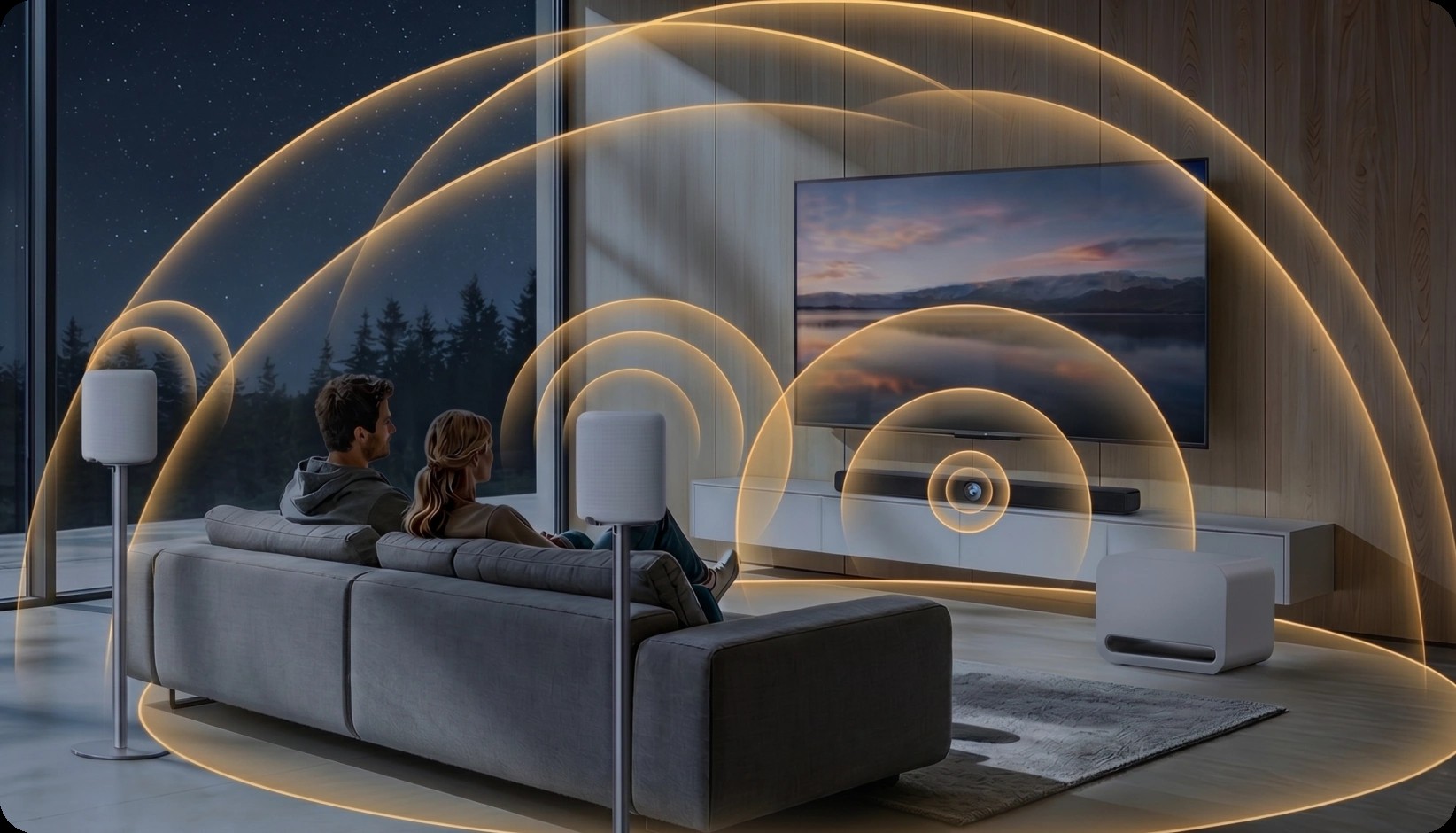 WiiM Bar unter einem TV mit ausstrahlenden sphärischen Zonen, um den Surround-Effekt zu unterstreichen