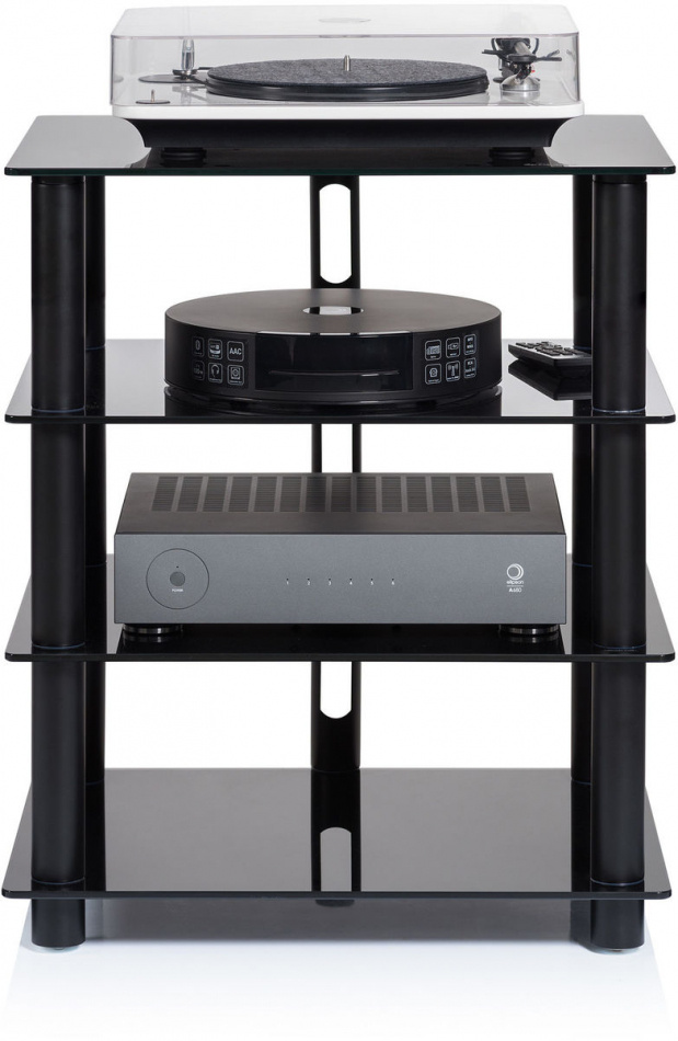 Norstone Epur 4, schwarzes HiFi-Rack mit schwarzen Glasböden