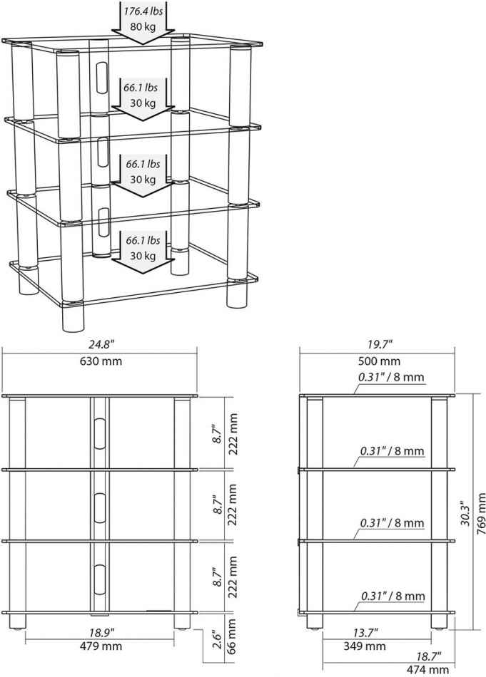 Norstone Epur 4, schwarzes HiFi-Rack mit schwarzen Glasböden