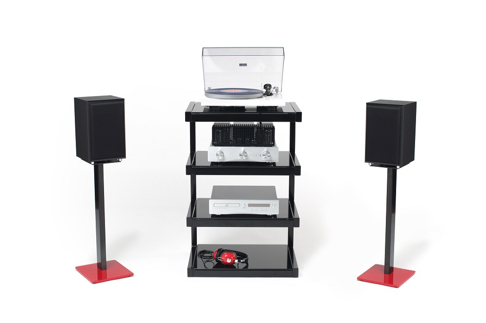 Norstone Esse Hifi, schwarzes Stereo-Rack mit schwarzen Böden