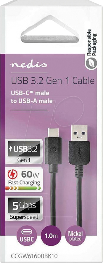 NEDIS CCGW61600BK10 USB-A-auf-USB-C-Kabel, schwarz, 1 Meter