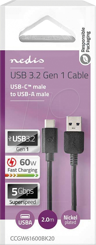 NEDIS CCGW61600BK20 USB-A-auf-USB-C-Kabel, schwarz, 2 Meter