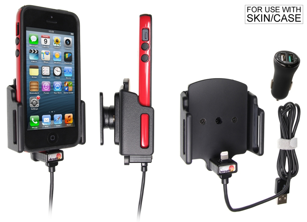 Brodit Aktivhalterung mit USB-Kabel und Zigarettenanzünder-Adapter, Apple iPhone 12 Mini/13 Mini/5/5C/5S/SE