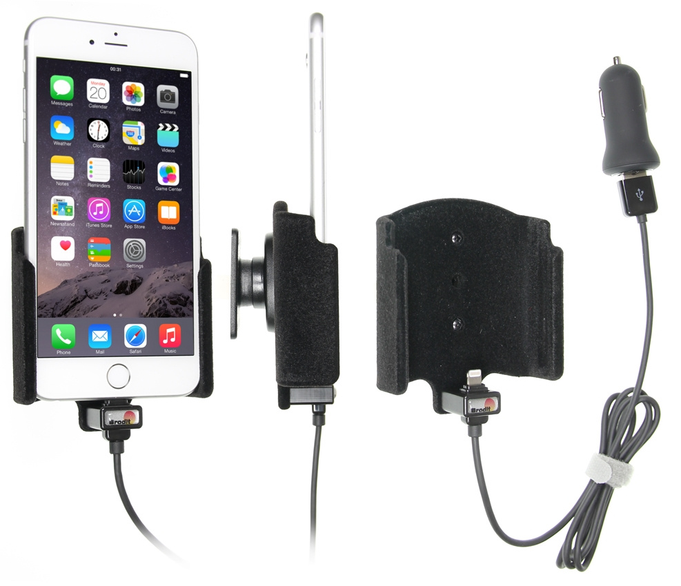 Brodit Aktivhalterung mit USB-Kabel und Zigarettenanzünder-Adapter, Apple iPhone 6S Plus/7 Plus/8 Plus/Xs Max