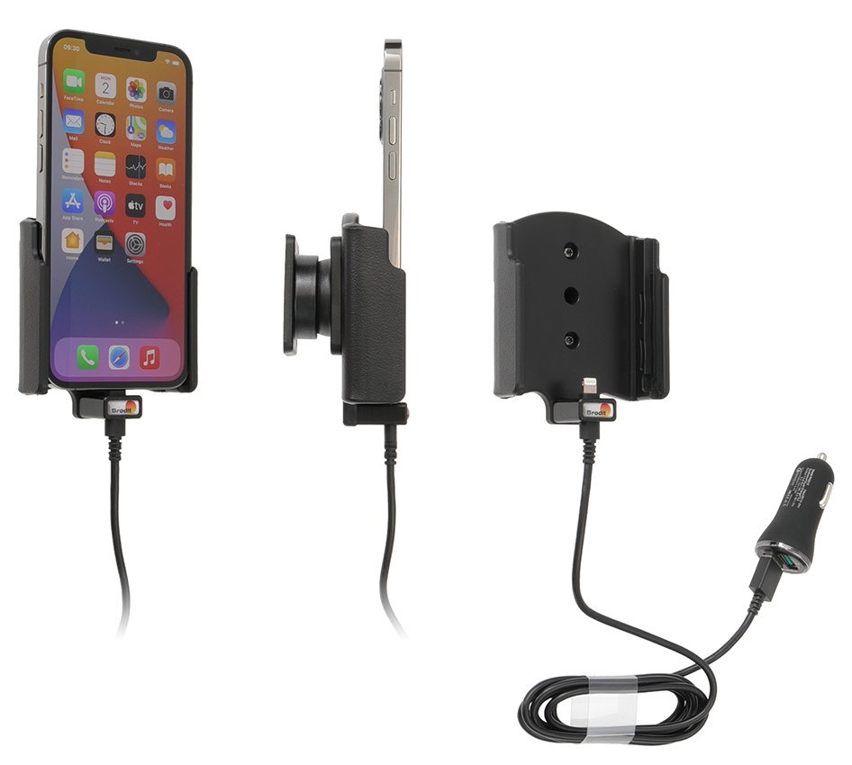 Brodit Aktivhalter mit USB-Kabel und Zigarettenanzünder-Adapter, Apple iPhone 12/12 Pro