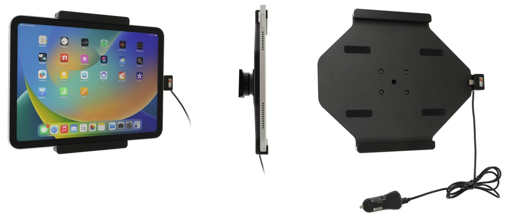 Brodit Aktivhalterung mit USB-Kabel und Zigarettenanzünder-Adapter, Apple iPad 10th Gen (A2696, A2757, A2777)/2025 A16 (A3354, A3355, A3356)