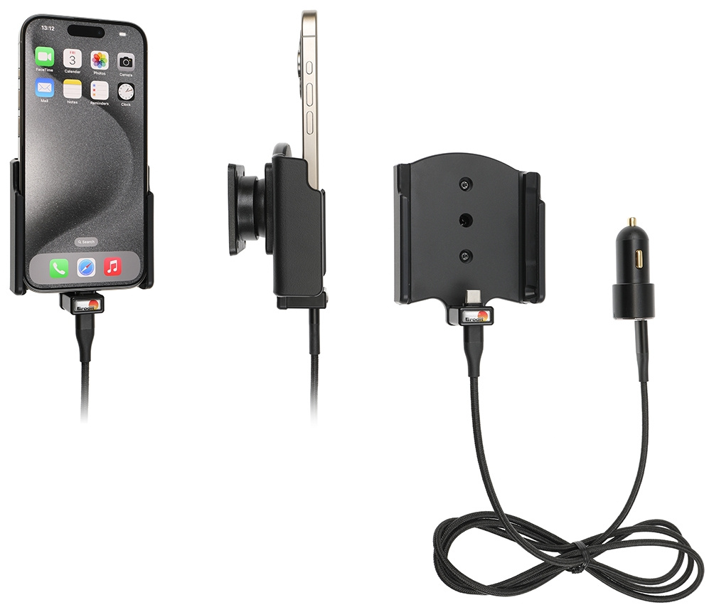 Brodit Aktivhalterung mit USB-Kabel und Zigarettenanzünder-Adapter, Apple iPhone 15/15 Pro