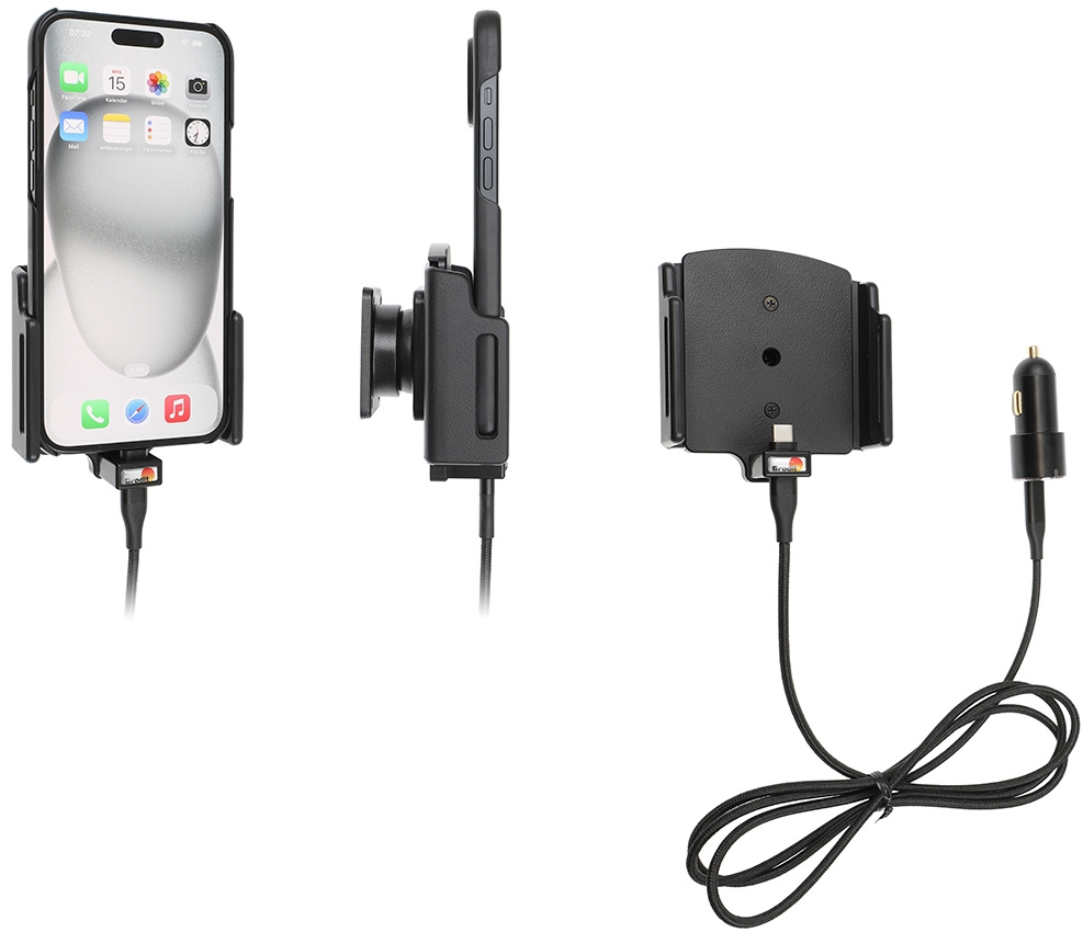 Brodit Aktivhalterung mit USB-Kabel und Zigarettenanzünder-Adapter, Apple iPhone 15 Plus/15 Pro Max/16 Plus/16 Pro Max