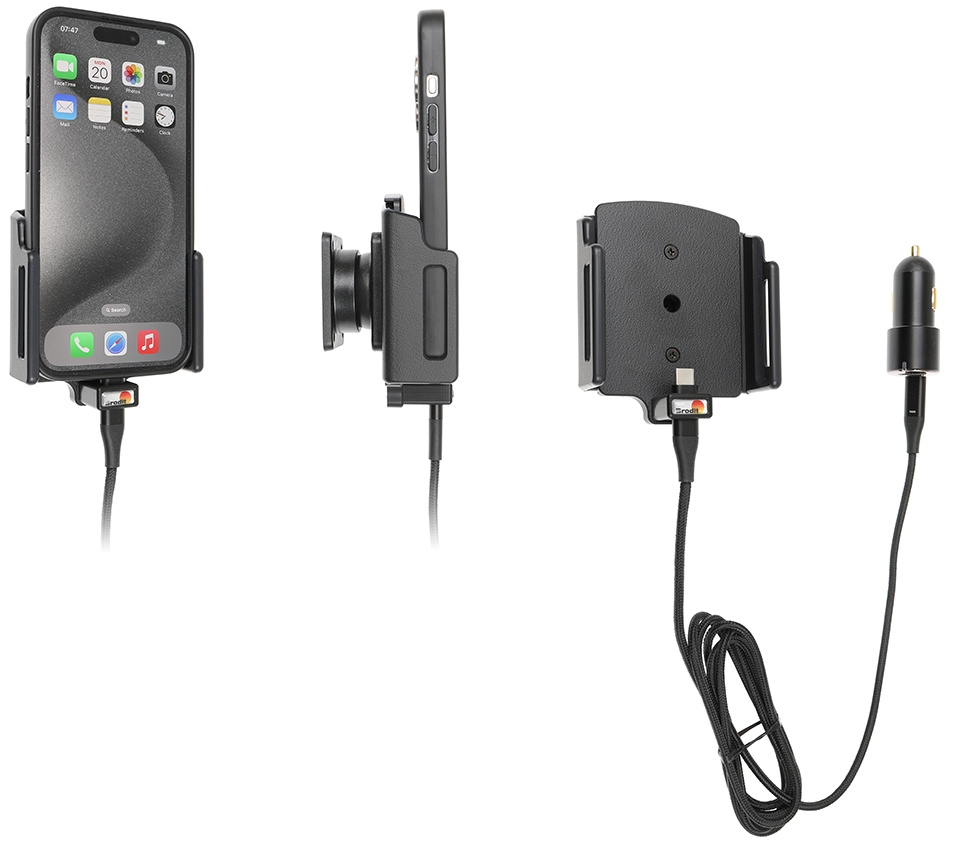 Brodit Aktivhalterung mit USB-Kabel und Zigarettenanzünder-Adapter, Apple iPhone 15/15 Pro/16/16 Pro/16e