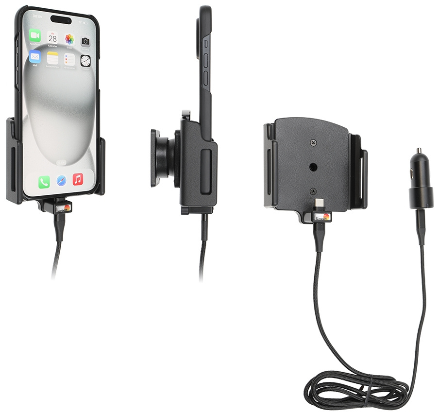 Brodit Aktivhalterung mit USB-Kabel und Zigarettenanzünder-Adapter, Apple iPhone 15 Plus/15 Pro Max/16 Plus/16 Pro Max