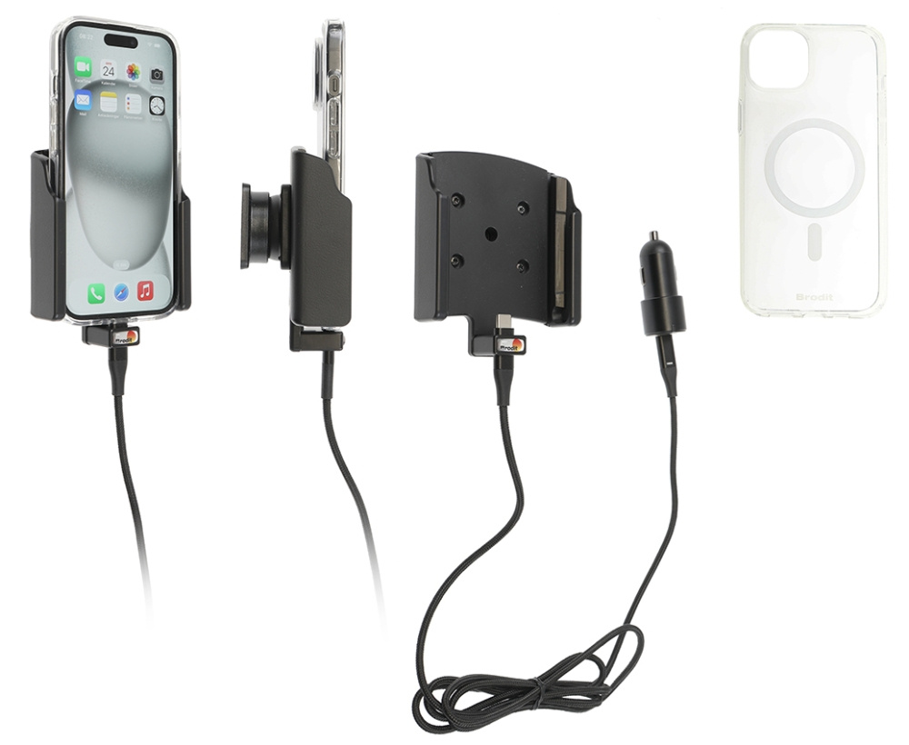 Brodit Mobilhülle mit Aktivhalterung und Autoladegerät, Apple iPhone 15
