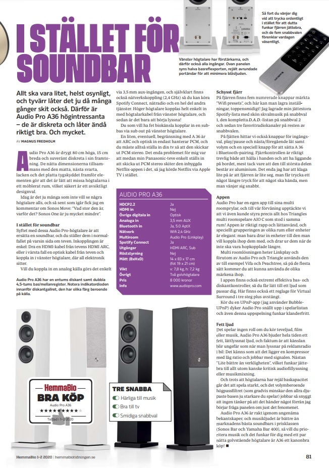 Audio Pro A36 Standlautsprecher mit WLAN & Bluetooth, schwarzes Paar