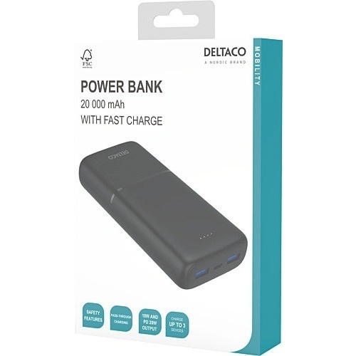 Deltaco PB-C1008 Powerbank mit 20 000 mAh, 20 W PD, schwarz