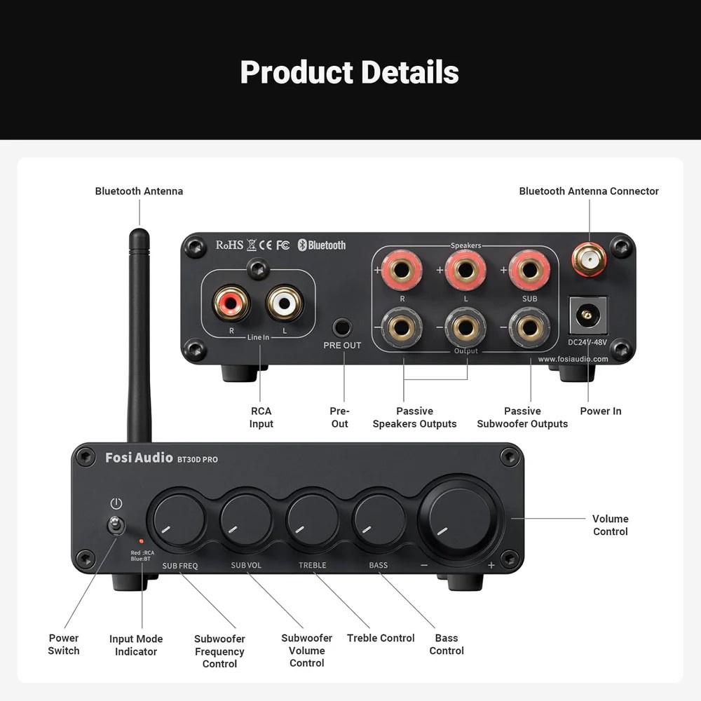 Fosi Audio BT30D, Stereo-Verstärker mit Bluetooth & 48V-Netzteil