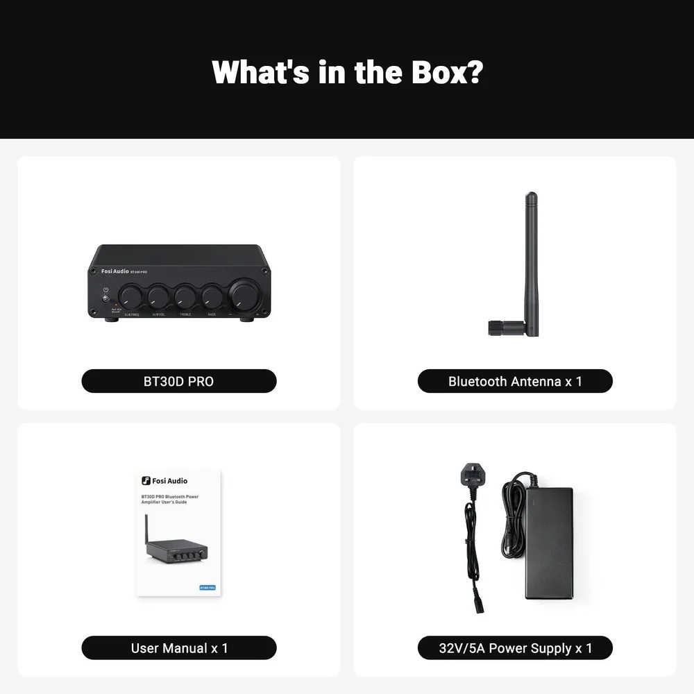 Fosi Audio BT30D, Stereo-Verstärker mit Bluetooth & 48V-Netzteil