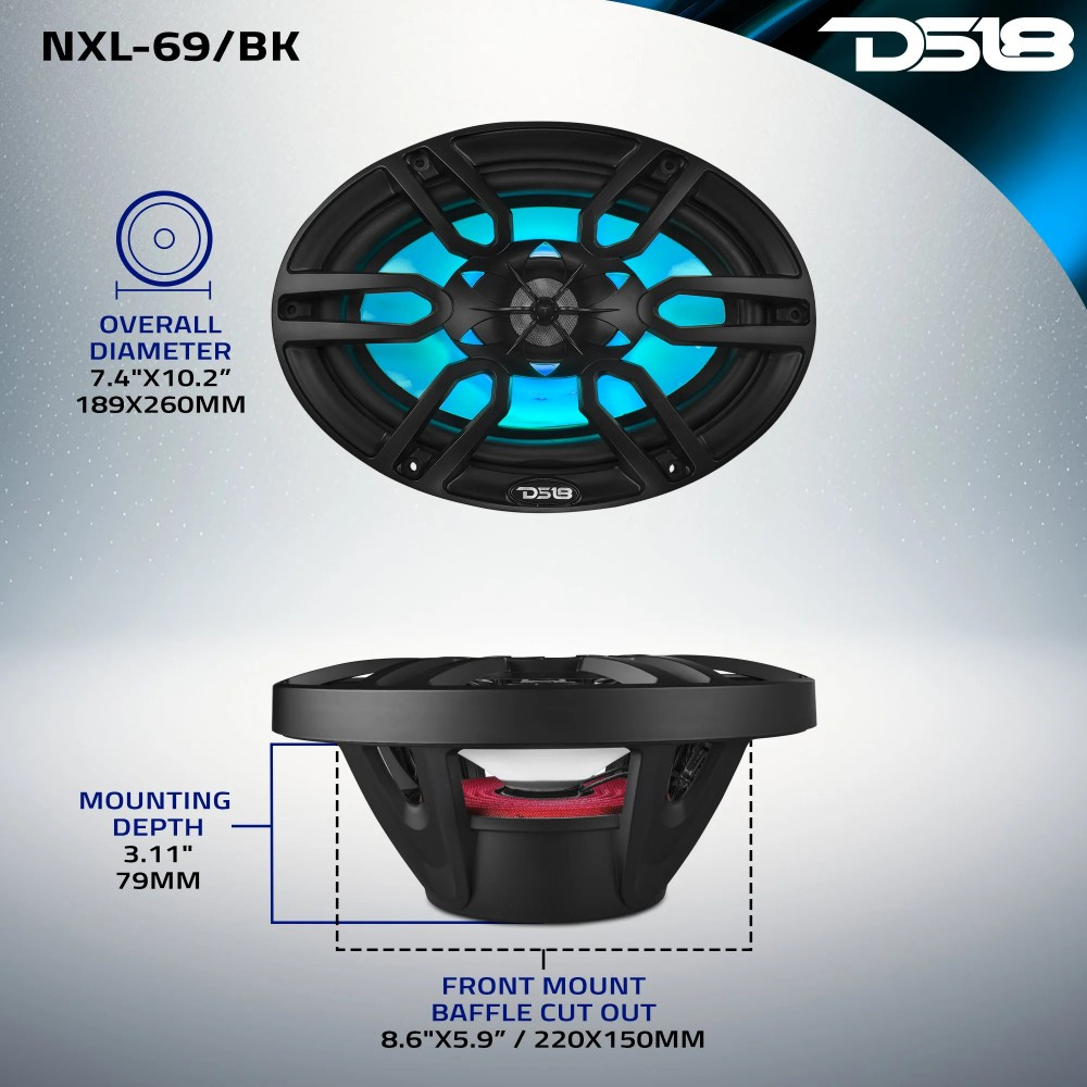 DS18 NXL-69/BK, schwarze 6x9-Zoll-Marine-Lautsprecher mit LED, Paar