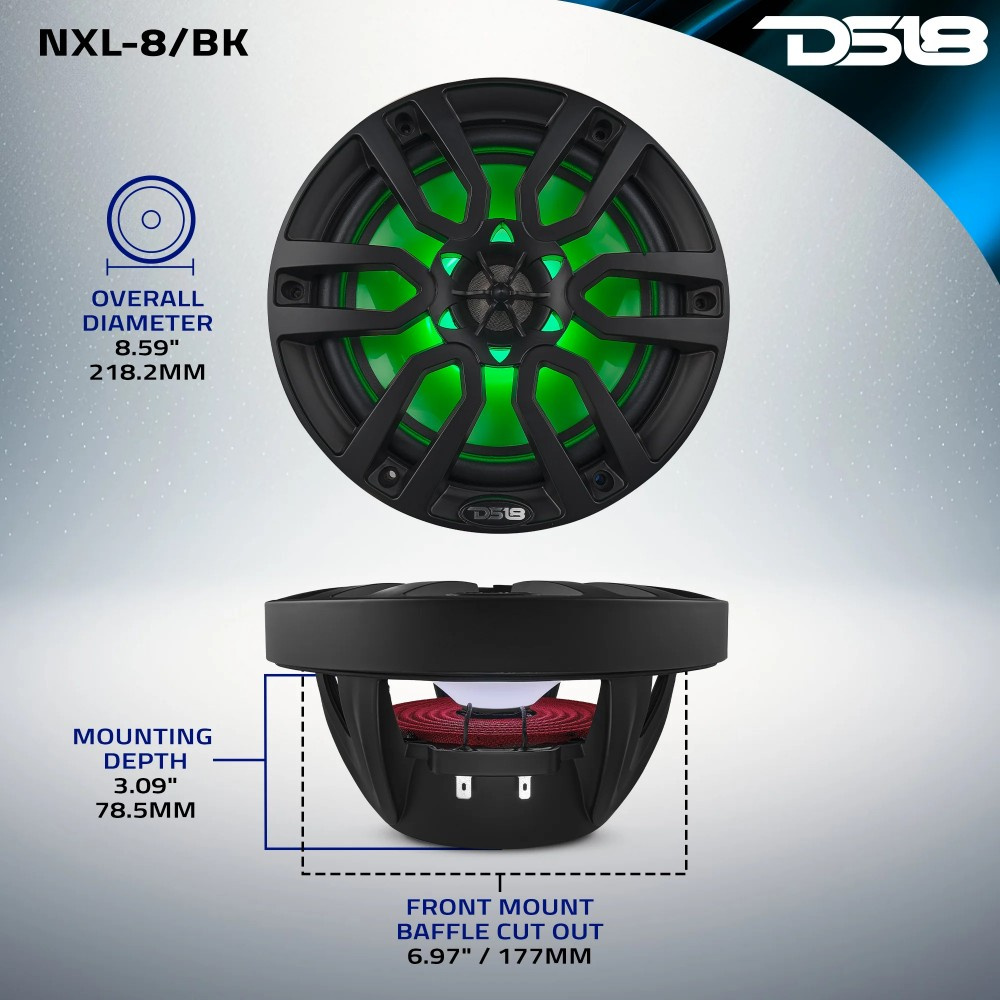 DS18 NXL-8/BK, schwarze 8-Zoll-Marine-Lautsprecher mit LED, Paar