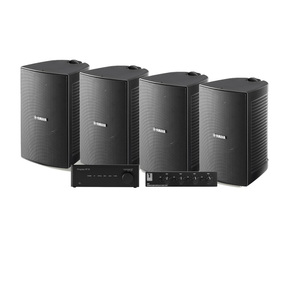 4er-Pack Yamaha NS-AW294 mit Tangent Ampster BT III und Lautsprecherumschalter, Outdoor-Paket