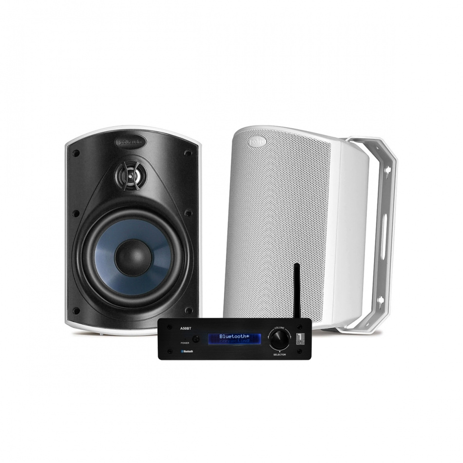 System One A50BT und Polk Audio Atrium 4 weiße Außenlautsprecher, Stereo-Paket