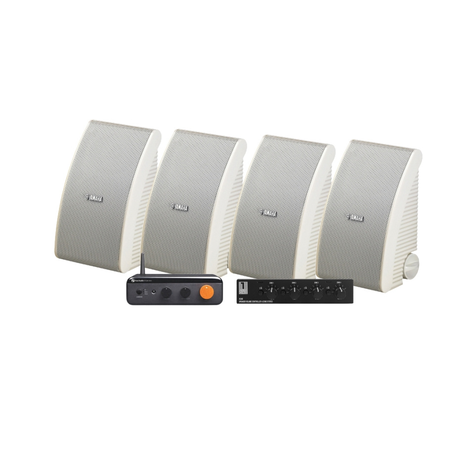 4er-Pack Yamaha NS-AW392 in Weiß mit Fosi Audio BT20A Max und Lautsprecherumschalter, Outdoor-Paket