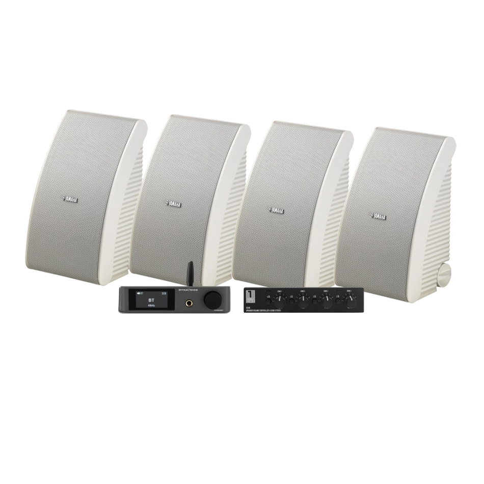 4er-Pack Yamaha NS-AW592 in Weiß mit Dynavoice CA802BT und SC4B, Outdoor-Paket