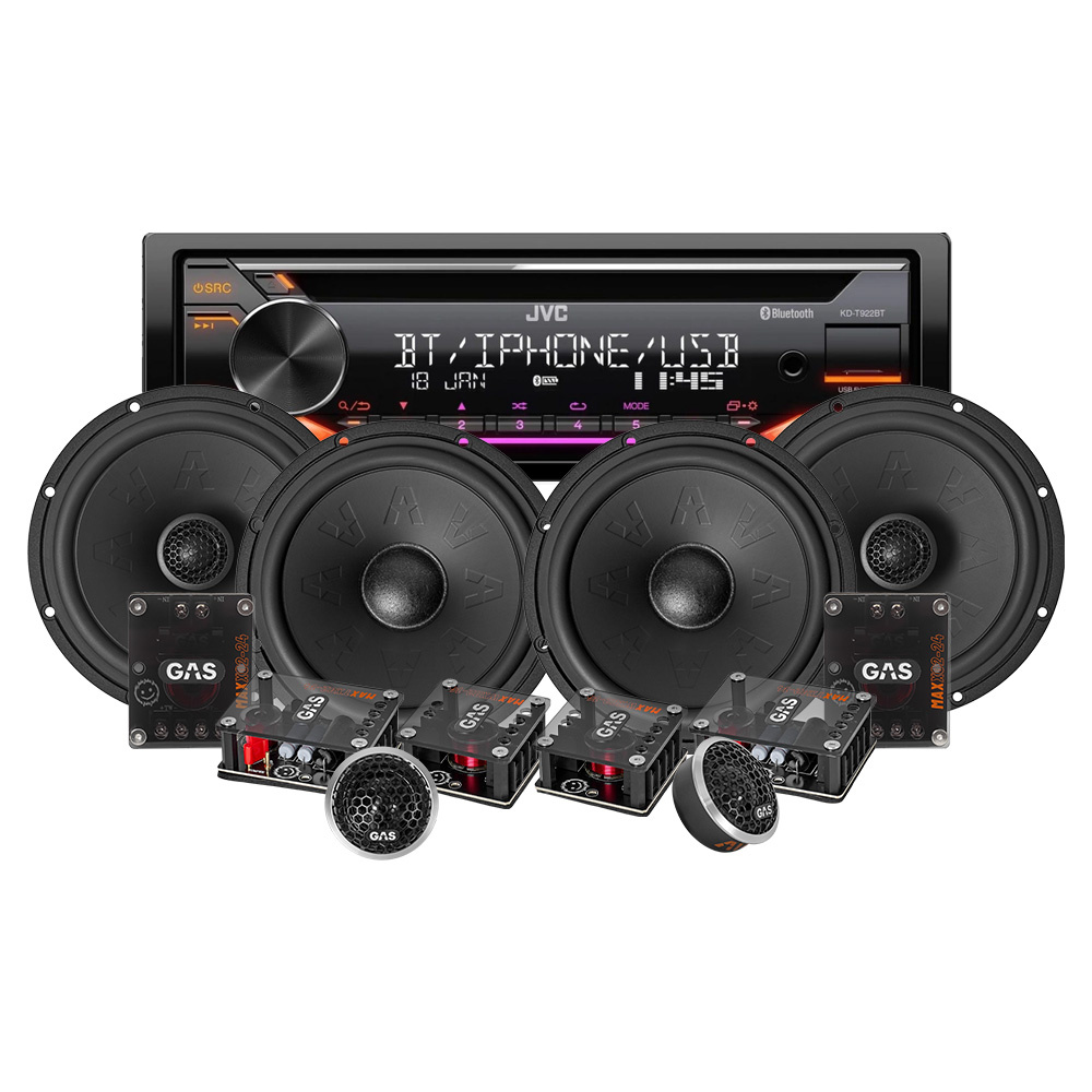 JVC KD-T922BT & GAS MAX K2/X2 Front- und Hecksystem, Car-Audio-Paket