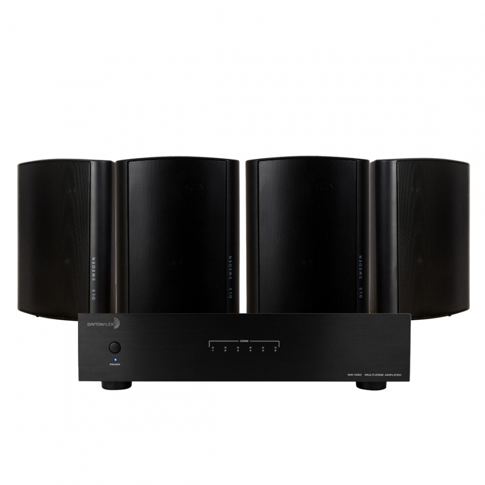 Dayton Audio MA1260 & 2 Paar schwarze DLS MB6i für das Fitnessstudio oder die Terrasse