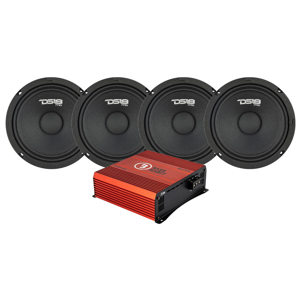 4er-Pack DS18 PRO-GM6.4 & Bass Habit SPL ELITE 225.4DF